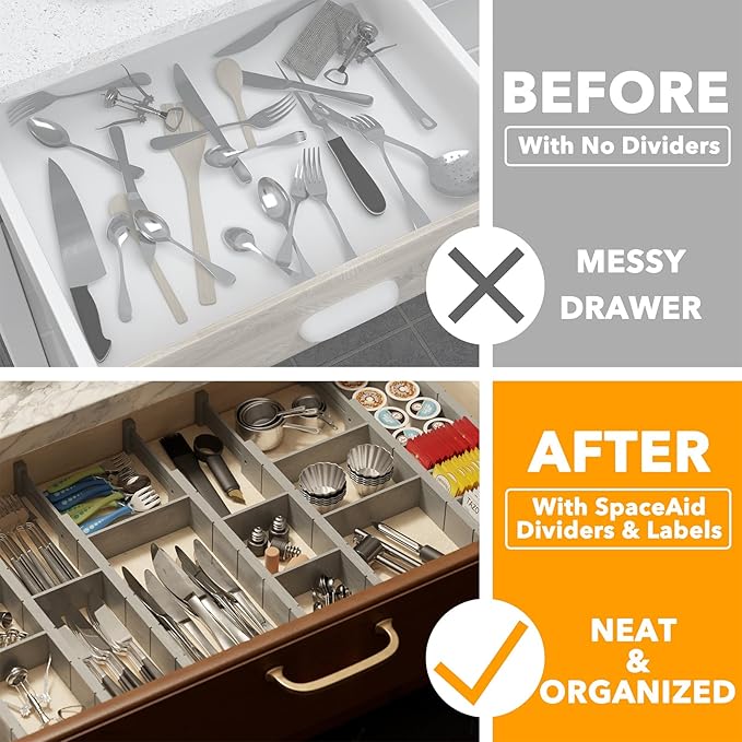 SpaceAid Bamboo Drawer Dividers with Inserts and Labels, Kitchen Adjustable Drawer Organizers, Expandable Organization for Home, Office, Dressers, 10 Dividers with 24 Inserts (17"-22" Gray)
