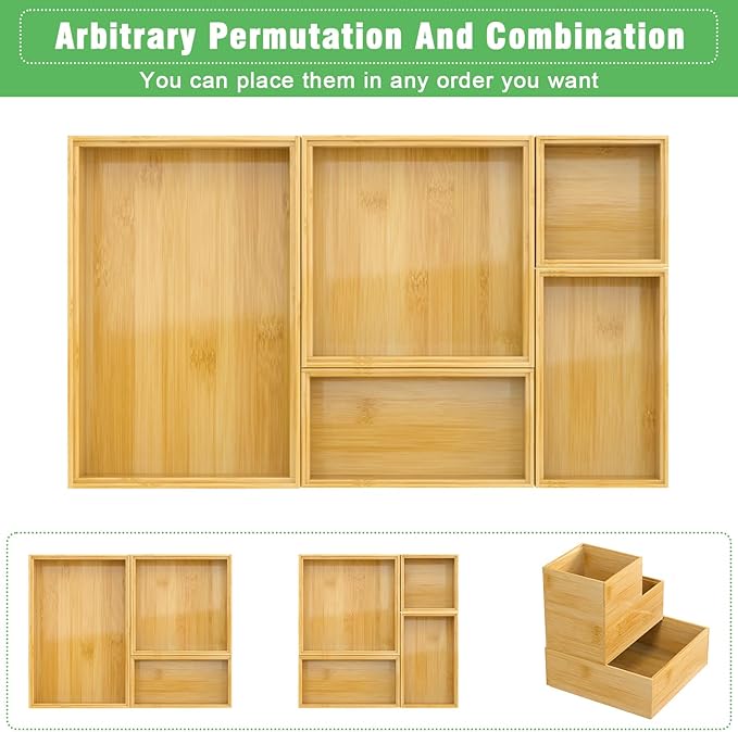 Bamboo Bathroom Drawer Organizer Dividers, Wooden Kitchen Utensil Holder Set of 5, Stackable Junk Drawer Organizer Tray, Multi-Use Storage Bins Boxs for Home, Office, Clothing, Makeup, Jewelry