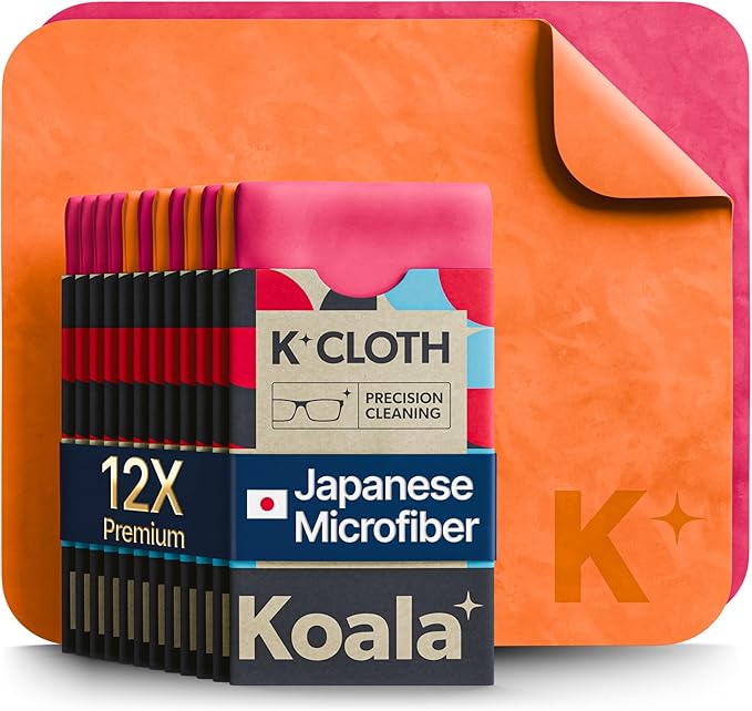 Koala Lens Cleaning Cloth | Japanese Microfiber | Glasses Cleaning Cloths | Eyeglass Lens Cleaner | Eyeglasses, Camera, VR/AR Headset, and Screen Cleaner | Pink & Orange (Pack of 12)