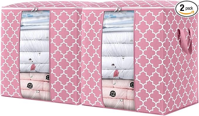 Storage Bags 2 Pack/100L Large Blanket Clothes Organization and Storage, Pink