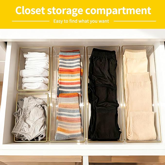 6 Pack Large Size Clear Stackable Drawer Organizer Trays, Gold Rim Makeup Drawer Storage Tray Divider, Desk Storage for Makeup, Jewelry, Bathroom