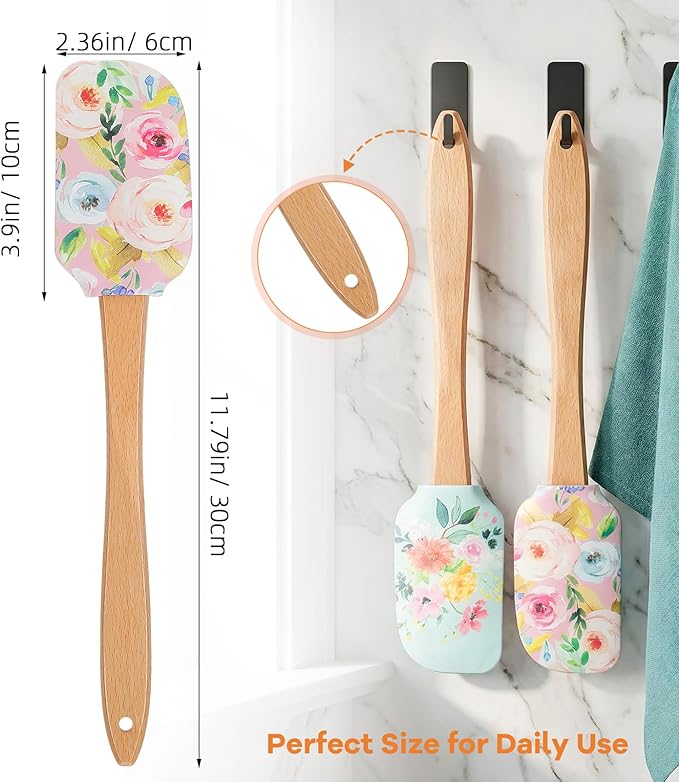 MAGICLULU 2Pcs Floral Silicone Spatula Set with Wooden Handle, Heat Resistant Rubber Scraper for Baking Cake Mixing, Non-Stick Kitchen Utensils for Cooking, Flower Pattern 11.8 Inch