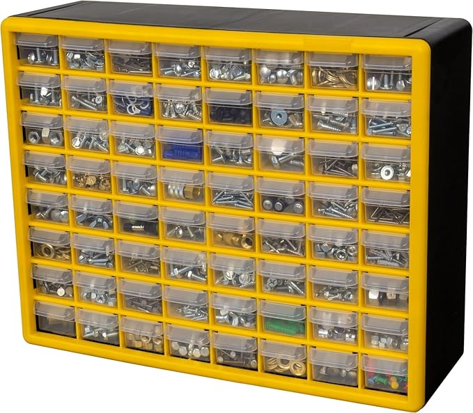 Akro-Mils 64-Drawer Plastic Drawer Storage Cabinet for Garage Organization, Bead Organizer, Building Bricks Storage, Teacher Toolbox, Makeup Organizer, 20-Inch W x 6-Inch D x 16-Inch H, 10164 Yellow