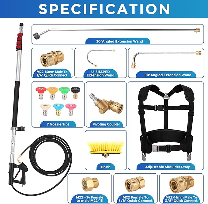 FIDISP Telescoping Pressure Washer Wand 24 FT, Gutter Cleaning Tool with Brush, Power Washer Extension Wand, Pivoting Coupling, 7 Nozzle Tips