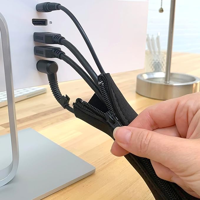 Zipper Cable Sleeve by Wrap-It Storage - 24" x 4" (4-Pack) Black - Cord Organizer and Cable Protector for Desk, Computer, TV Cord Management to Hide and Cover Wire and Extension Cables