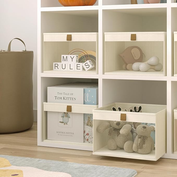 Linen Closet Organizers and Storage, Closet Storage Bins Basket Organizer, Foldable Organization Baskets with Mesh Window for Clothes Towels and Toys, 10.75" x 10.75" x 7.5", Beige, 4 pack