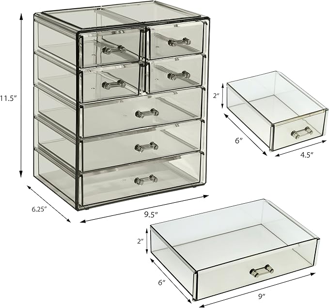 Sorbus Acrylic Makeup Organizer Set, 7-Drawer Vanity & Countertop Cosmetic Storage with Small & Wide Drawers, Black Jewel Makeup Storage for Brushes