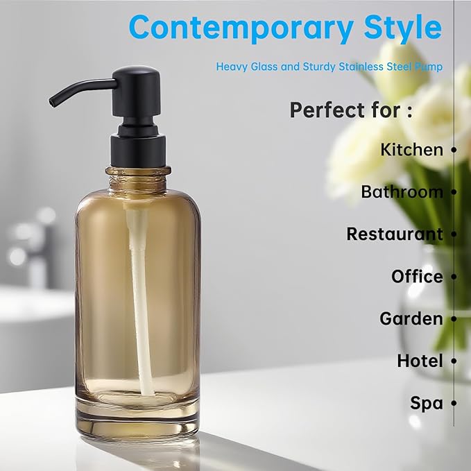 Glass Soap Dispenser Light Amber with Black Pump, 11 OZ Liquid Soap Dispenser Cylindrical Bottle with Stainless Steel Pump for Dish Hand Soap Bathroom Kitchen Vanity Countertop