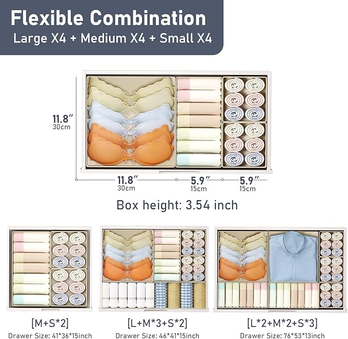 DIMJ Drawer Organizer Clothes, 12 Pack Dresser Organizer, Foldable Closet Organizers and Storage, Fabric Dresser Bins, Drawer Dividers for Nursery, Baby Clothes, Underwears, Sock (Beige)