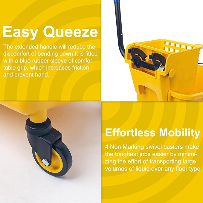 KeFanta 35 Quart Commercial Mop Bucket with Side Press Wringer on Wheels,Yellow,Include Heavy Duty Industrial Mop for Floor Cleaning,Household,Business,Restaurants and Janitorial Use