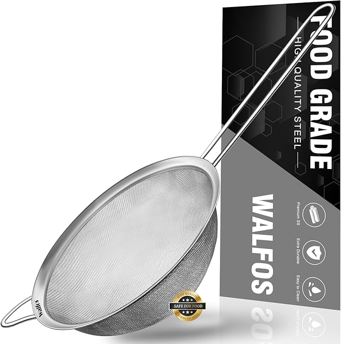 Walfos 6.95 Inch Fine Mesh Strainers, Premium Stainless Steel Colanders and Sifters, with Reinforced Frame and Sturdy Handle, Perfect for Sift, Strain, Drain and Rinse Vegetables, Pastas and Tea