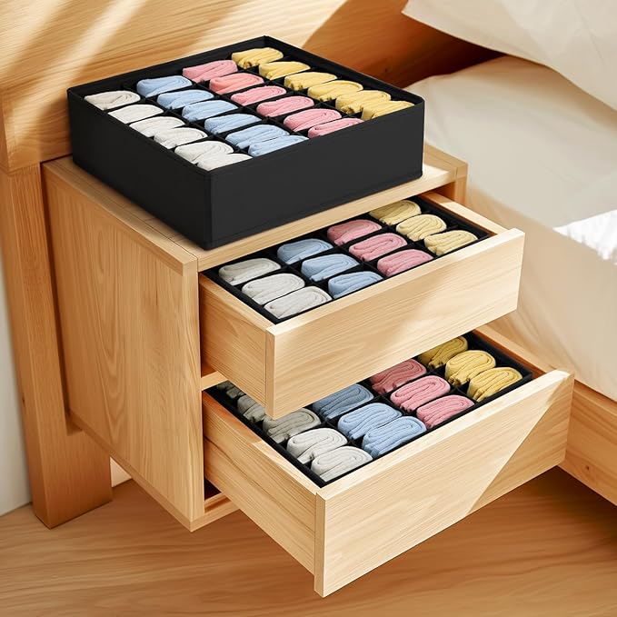 Joyoldelf Sock Drawer Organizer Divider 2 Packs Underwear Organizer, 24 Cell Collapsible Closet Cabinet Organizer Underwear Storage Boxes for Storing Socks, Handkerchiefs, Ties, Belts (Black)