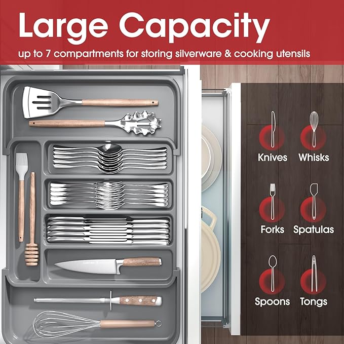 Aujen Silverware Organizer - Expandable Kitchen Drawer Organizer, Adjustable Utensil Organizer, Cutlery Tray for Forks, Knives, Multipurpose Kitchen Organizers and Storage Solution, Grey, Medium
