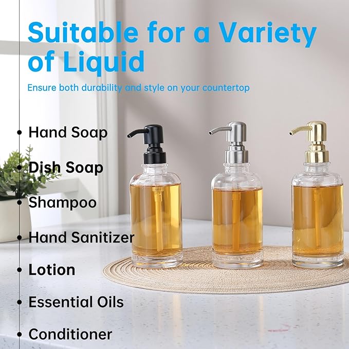 Bathroom Soap Dispenser Brushed Gold, 11 oz Glass Cylindrical Bottles with Stainless Steel Pump Liquid Hand Soap Dispenser Kitchen