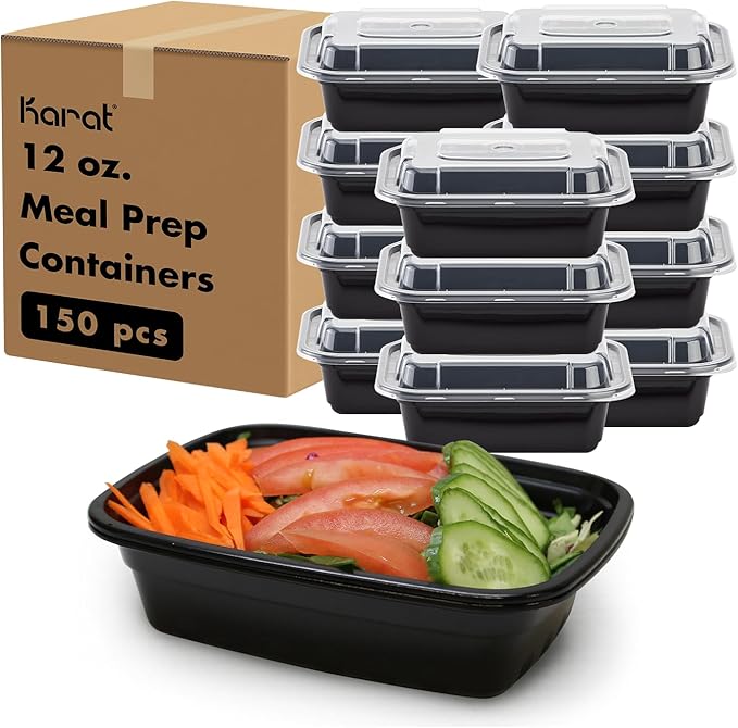 Karat Meal Prep Containers [12 oz - 150 ct] Reusable & Disposable Take Out Containers with Lids - Microwave & Dishwasher Safe Bento Boxes