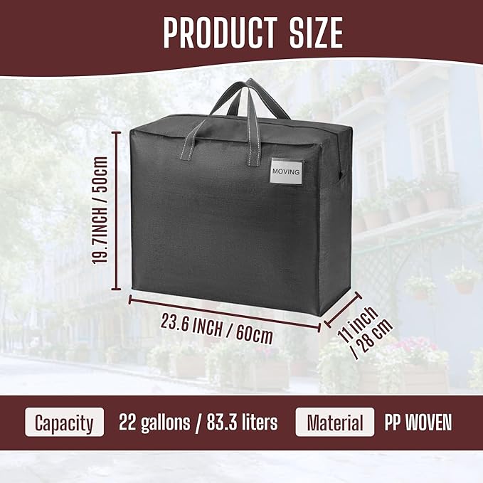 VENO 4 Pack Heavy Duty Moving Bags, Storage Bags, Packing Supplies, Top Zipper, Storage Totes for Camping, Clothes, Bedding, Comforters, Pillows (22 Gallon Dark Gray, 4 Pack)