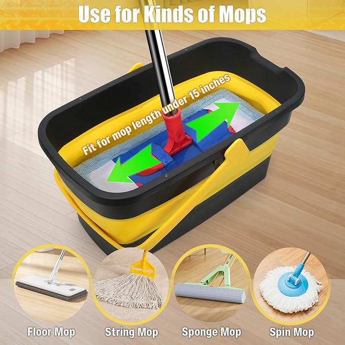 Collapsible Mop Bucket for Cleaning with Handle, Silicone Square Wash Bucket for Windows Cleaning Car Washing,Cleaning Supplies Organizer Plastic Water Bucket for Storage Household use, 3-Gallon