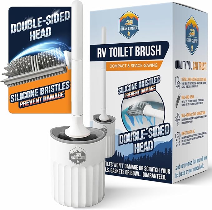 RV Toilet Brush by Clean Camper – Wall-Mounted Set, Silicone, Scratch-Free Dual-Sided Head, Quick-Drying Holder, Compact & Durable Set with Strong Adhesive Mount for RV & Camper Toilets