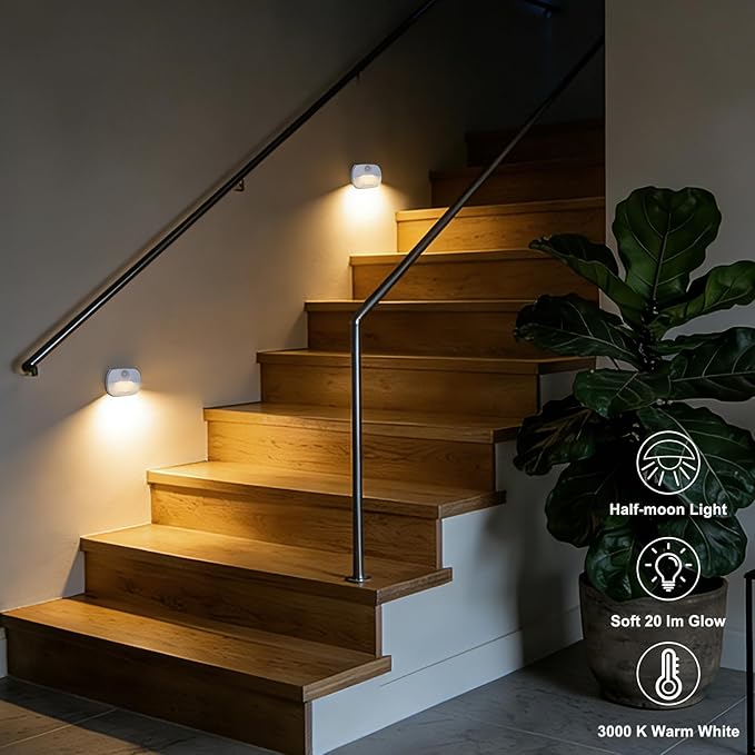 DiCUNO Motion Sensor Night Light, Stick-On Nightlight with Dusk to Dawn Sensor, 20lm, 3000K Warm White, 0.5W, Battery Operated LED Night Lights for Bedroom, Bathroom, Hallway, Stairs, 4-Pack