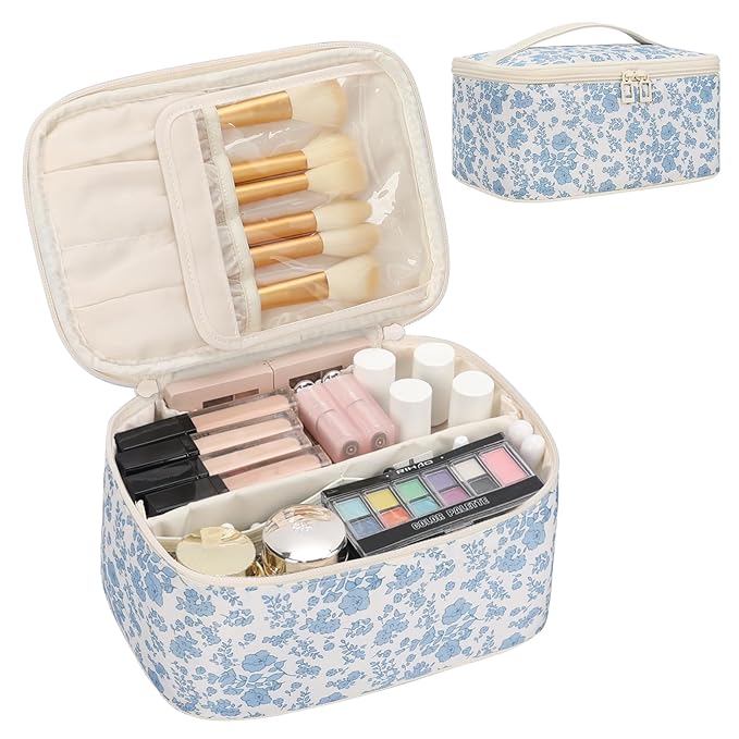 OCHEAL Makeup Bag Portable Cosmetic Bag For Women, Large Capacity Travel Makeup Case Organizer, Toiletry Bag for Girls Traveling With Handle and Divider-Flowers