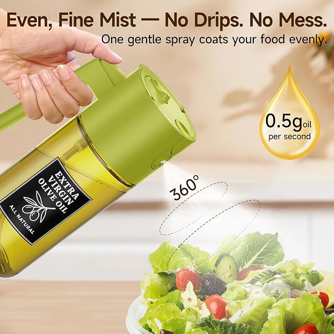 500ml Green Olive Oil Sprayer, Controlled Oil Glass Spray Bottle for Salad, Air Fryer Vegetables, Cooking, Refillable 2-in-1 Dispenser