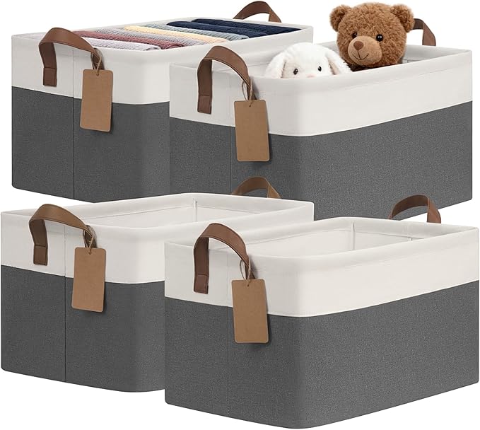 4 Pack Large Storage Baskets for Shelves, Gray & White