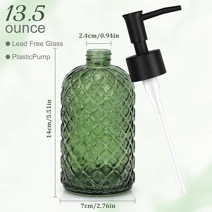 13.5Oz Gem Design Soap Dispenser with Plastic Pump, Refillable Glass Soap Dispenser for Hand Soap, Dish Soap, Lotion (Army Green)