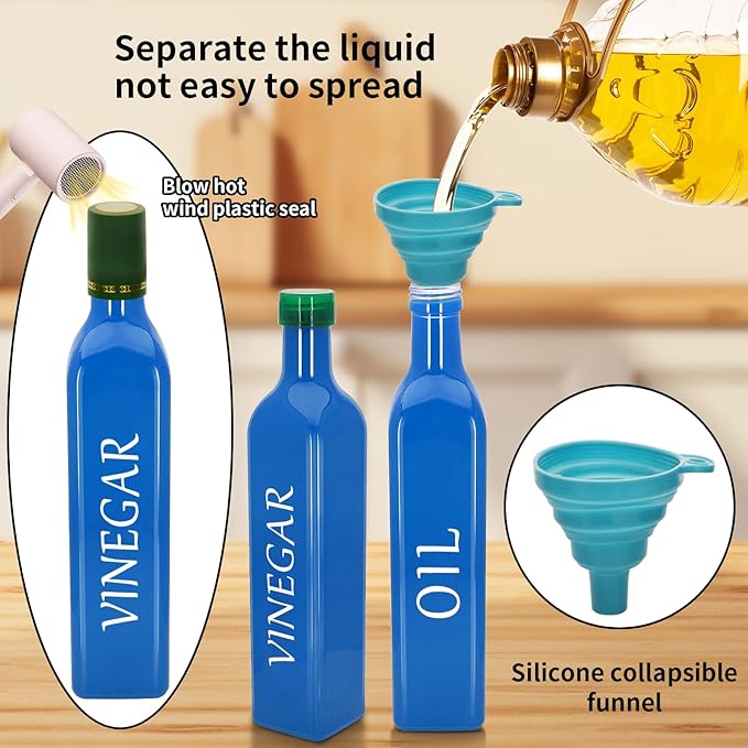 Olive Oil Dispenser Bottle,2 Pcs 17oz 500ml Glass O il and Vinegar Dispenser Set with 2 Stainless Steel Pourers, 8 Labels,Funnel Vinegar Bottles for Kitchen (Blue)