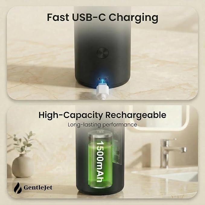 GentleJet SmoothDrop Automatic Liquid Soap Dispenser – Touchless, No-Drip Precision Pump, USB-C Rechargeable, 304 Stainless Steel, Waterproof Countertop Dispenser for Kitchen & Bathroom Sink, 270 ml