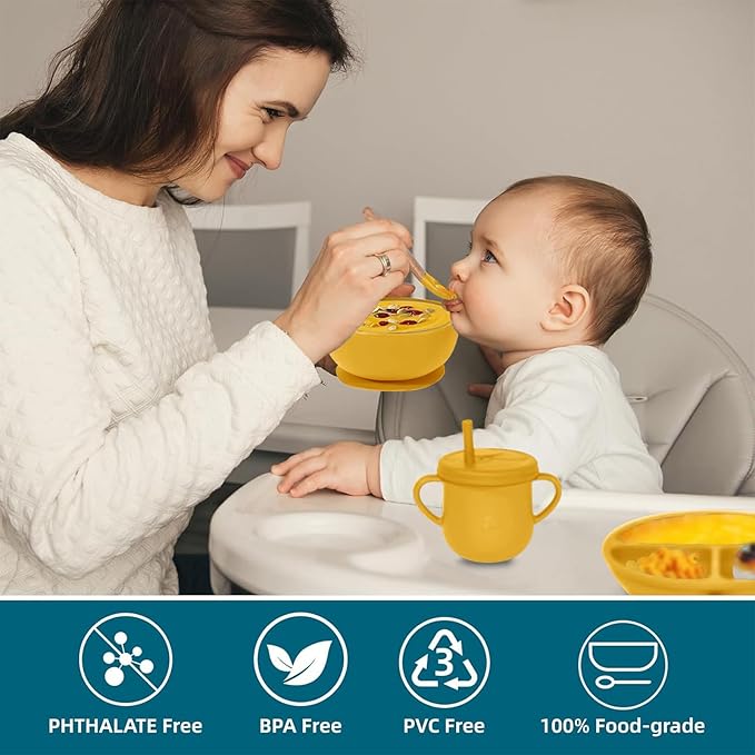 100% Silicone baby feeding set,BPA free Baby dishes set with Suction Bowl Divided Plate,Toddler Self Feeding Dish Set with Spoons Forks Sippy Cup And Bib, Baby Eating Utensils (Pumpkin)