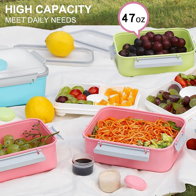 3 Pack Salad Lunch Box Food Storage Containers, 47oz Bento Box To Go Container with Lids, ReusableMeal Prep Containers with Removable Tray & Dressing Pots for Kids and Adults, Microwavable