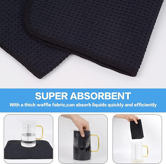 KinHwa Kitchen Washcloths for Dishes Absorbent Microfiber Dish Cloths Quick Dry Dish Rags with Poly Scour Scrub Side Ideal for Kitchen Cleaning (Black-B, 12inchx12inch 6 Pack)