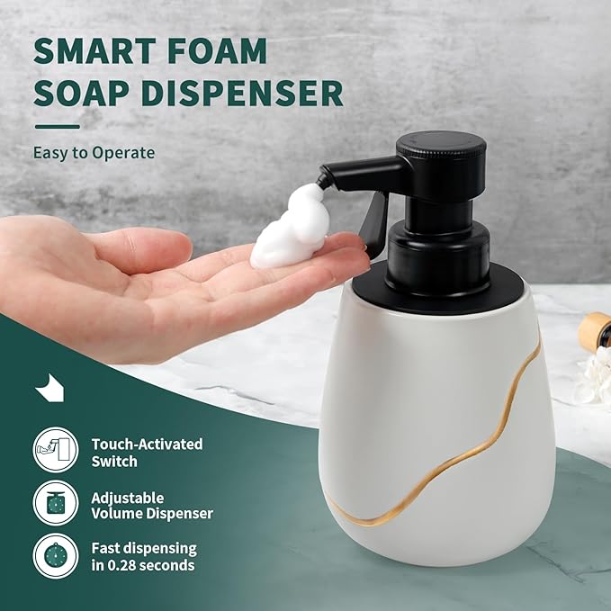 BosilunLife Automatic Foaming Soap Dispenser - Battery Operated Foam Hand Soap Electric Dispenser for Bathroom Ceramic Smart Auto Dish Soap Dispenser for Kitchen Waterproof, White,17 oz