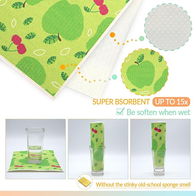 6 - Pack Swedish Kitchen Dish Cloths - Reusable Paper Towels for Counters & Dishes - Eco Friendly Cellulose Sponge Cloth (Fruits)