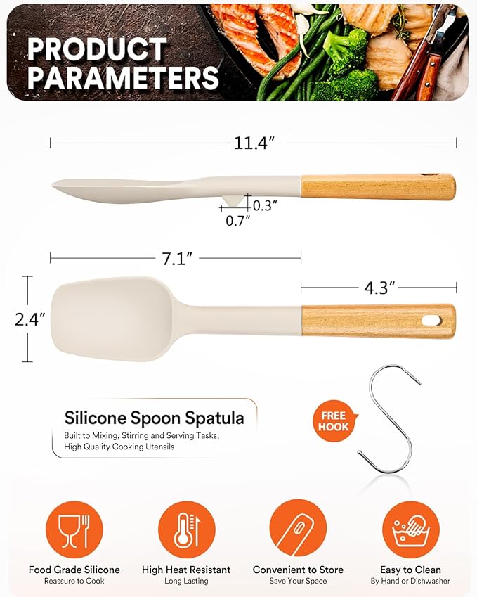 Silicone Spoon Spatula, Great For Scraping Bowls And Scooping Batter, Sturdy Bpa-Free Matte Silicone, Wooden Handle Rubber Spatula For Nonstick Cookwares (KHAKI)