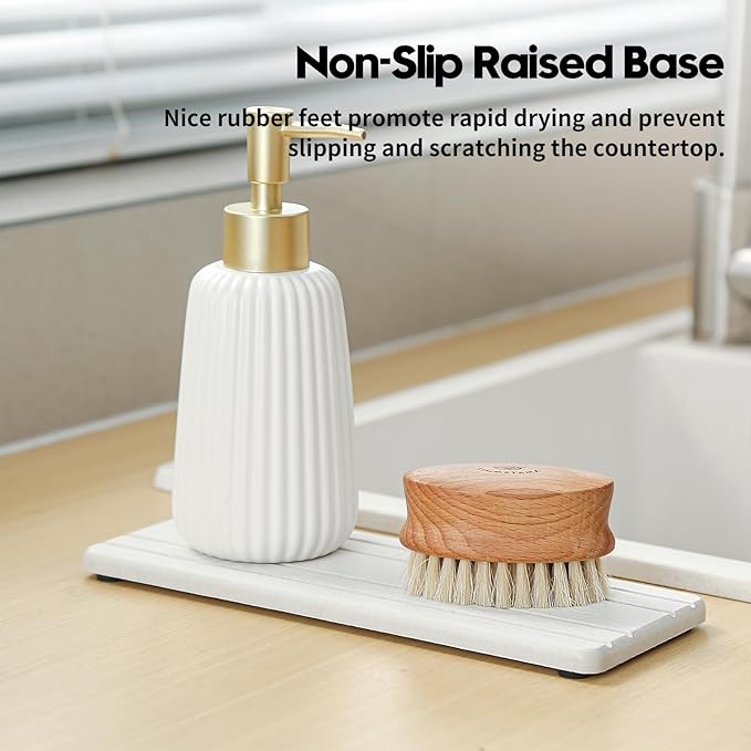 3 Pack Diatomite Stone Sink Tray, Water Absorbing Mat for Kitchen & Bathroom Counter, Quick Dry Soap Dish Makeup Vanity Caddy,Sponge Holder Organizer, Beige - 2pcs of 4.5"x 3.5" and 1pc of 9"x 3.5"