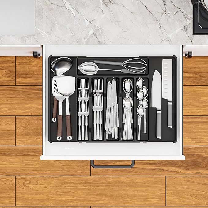 Black Expandable Silverware Drawer Organizer, Adjust From 11'' to 22'', Knife