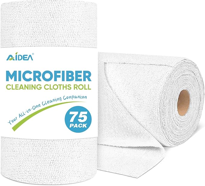 AIDEA Microfiber Cleaning Cloth Roll White, 75PK, Microfiber Towels for Cars, Tear Away Reusable Paper Towels, Commercial Shop Rags, Lint Free Rags for House, Kitchen, Automotive, 11.5"×11.5"