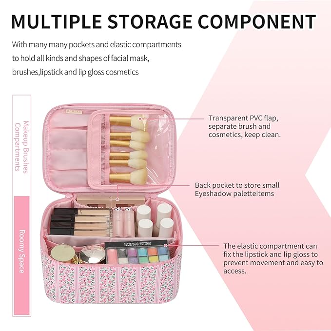OCHEAL Makeup Bag for Women - Travel Cosmetic Organizer with Brush Slot & Divider, Large Capacity Toiletry Bag for Girls, Travel Makeup Case for everyday Make up Accessories -Pink Floral
