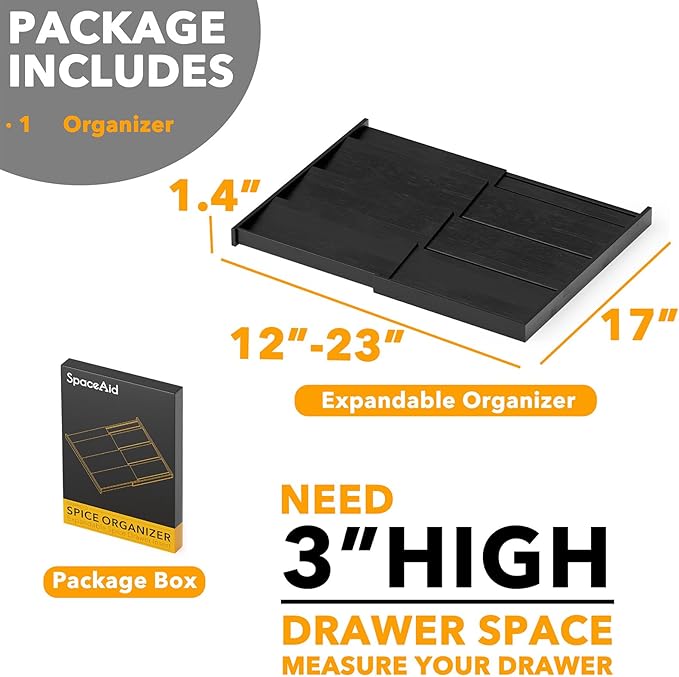 SpaceAid Bamboo Black Spice Drawer Organizer, (Need 3" Deep Drawer) Expandable 4 Tier Spices Rack for Cabinet, Kitchen Seasoning Storage Insert (Jars Not Included, From 12" to 23" Wide)
