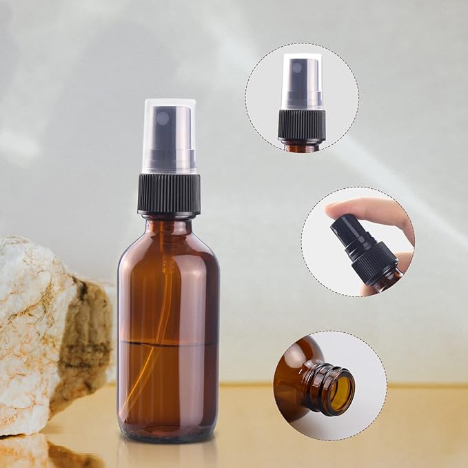 Wedama 2 oz Mini Glass Spray Bottles, Empty Small Spray Bottles with Funnel Dropper, Fine Mist for Hair, Travel, Plants, Cleaning Solutions and Skin Care (4 Pack Amber)