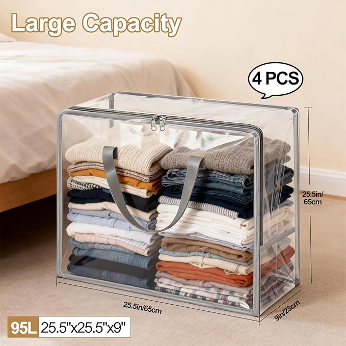 Clear Clothes Storage Bags, 96L Plastic Blanket Comforter Storage Bag, 4 Pack Vinyl Moving Bags,Closet Organizers and Containers for Bedding,Duvet,Toys,Seasonal Clothing,24” Christmas Wreaths,Grey
