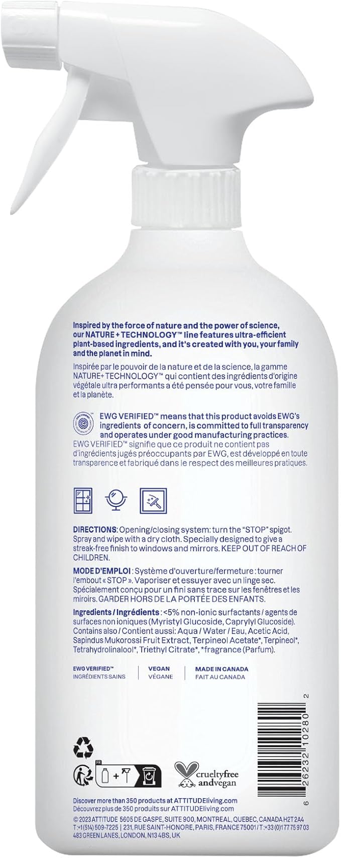 ATTITUDE Window and Mirror Cleaner, EWG Verified, Plant- and Mineral-Based Ingredients, Vegan and Cruelty-free Household Products, Citrus Zest