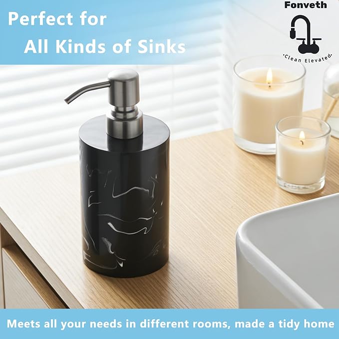 Soap Dispenser Countertop Black Marble for Bathroom Kitchen 13.5oz Resin Brushed Nickel Stainless Steel Pump for Liquid Hand Soap, Lotion and Dish Soap