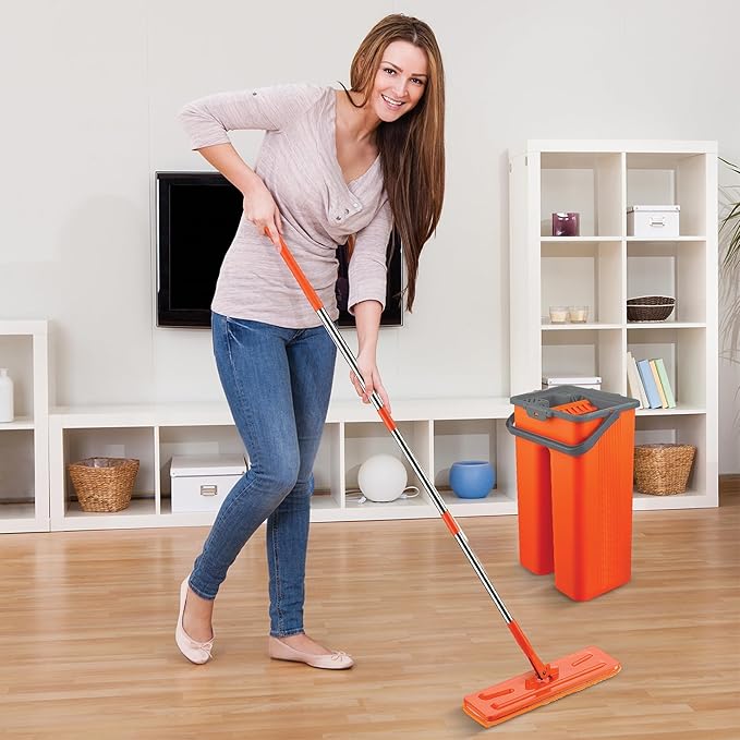 Macrofresh MacroMax 12-Pc Flat Mop and Bucket System: Dual-Chamber Mop for Wet & Dry Use, 5 Microfiber Pads, 10-Pack Freshness Cloths, 15 Sponges, Scourers and Hangers