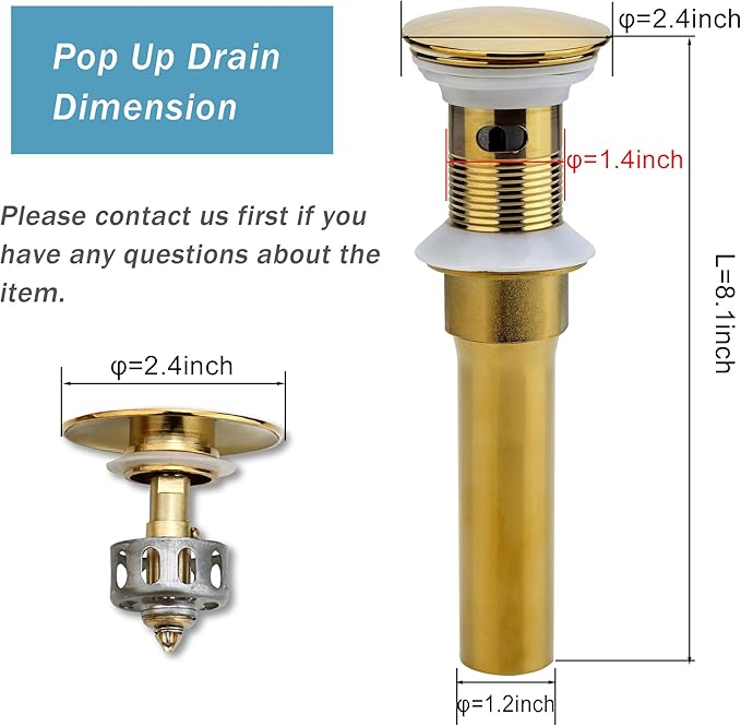 Rockgoya Bathroom Sink Drain, Gold Drain Stopper Bathroom Sink with Overflow,Pop Up Drain Assembly with Detachable Strainer Basket,Built-in Anti-Clogging Strainer,Stainless Steel