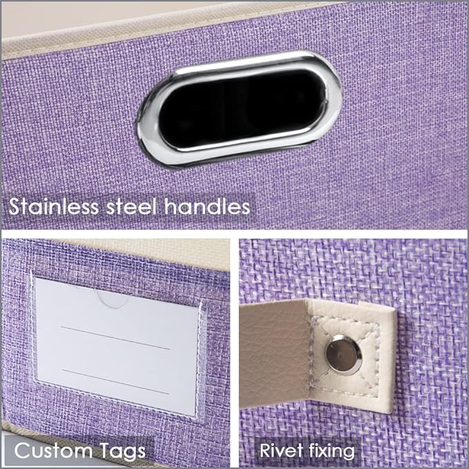 Large Foldable Storage Bins with Lids [3-Pack] linen Fabric Decorative Storage