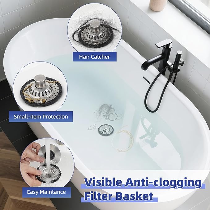 Metal 2 Pack Bathtub Drain Stopper with Top Hair Catcher, 3 in 1 Pop-up Bathtub Strainer