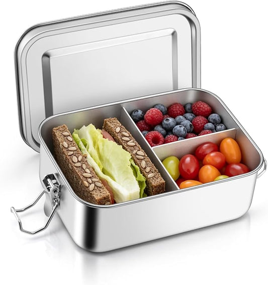 TeamFar Stainless Steel Bento Box, 28oz/850ML Metal Lunch Box with Leak-Proof Lid for Adults/Kids, Lunch Food Containers with 3 Compartments for School/Work/Meal Prep, Heavy Duty & Dishwasher Safe