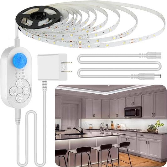 Motion Sensor LED Light Strip, Plug-in Under Cabinet Lights with Dimmer, Delay Timer for Kitchen Cabinet, Pantry, Laundry, Bedroom, Stairway
